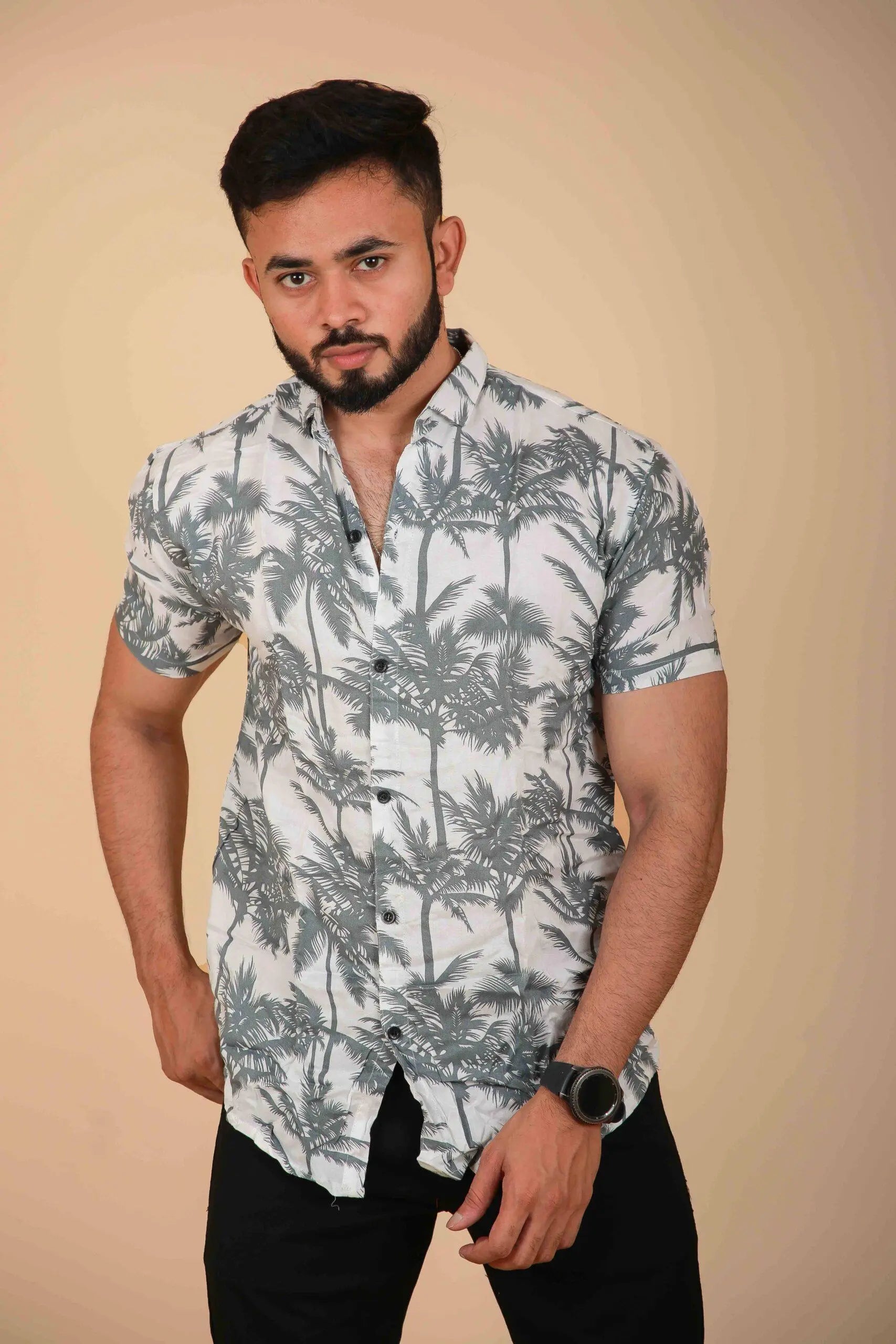 White & Grey Design Printed Shirt for Men