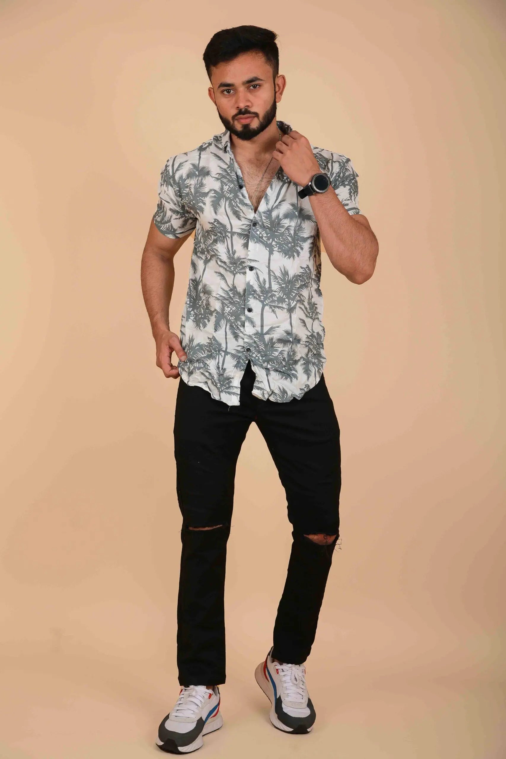 White & Grey Design Printed Shirt for Men