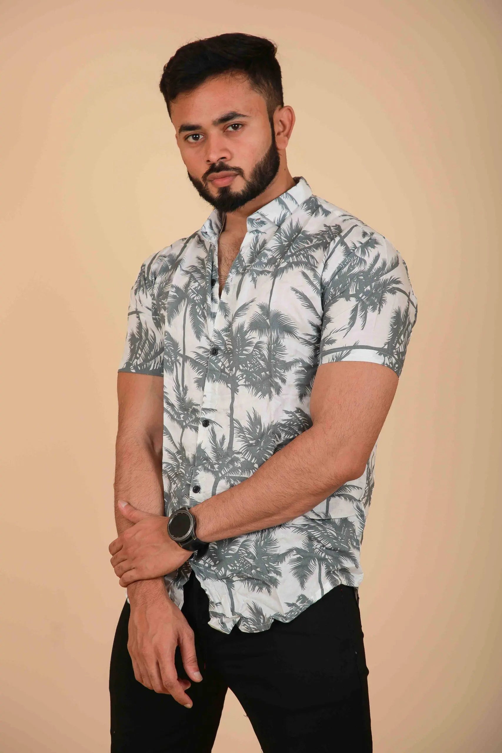 White & Grey Design Printed Shirt for Men