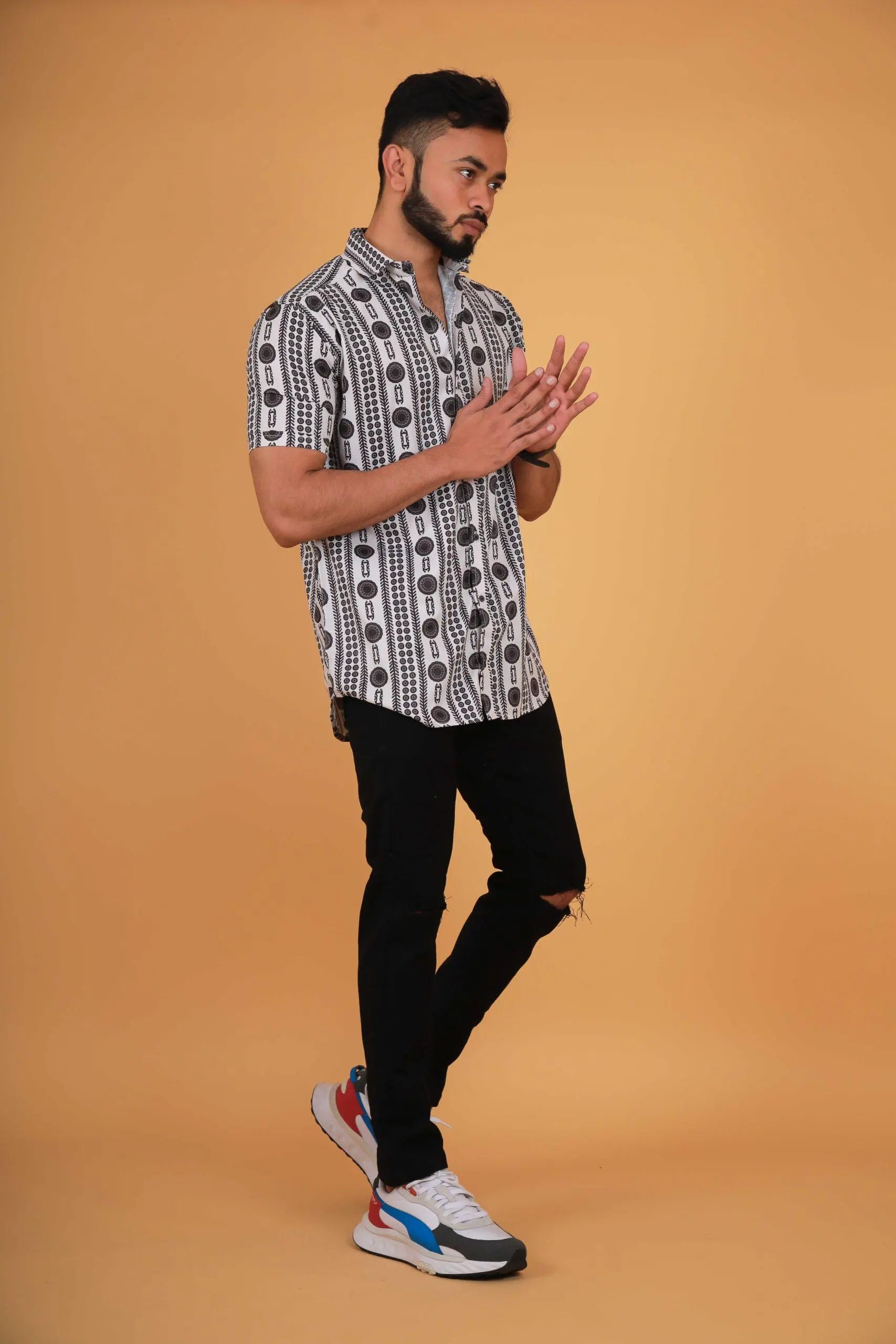 Round Black Ethinic Design Printed Shirt For Men