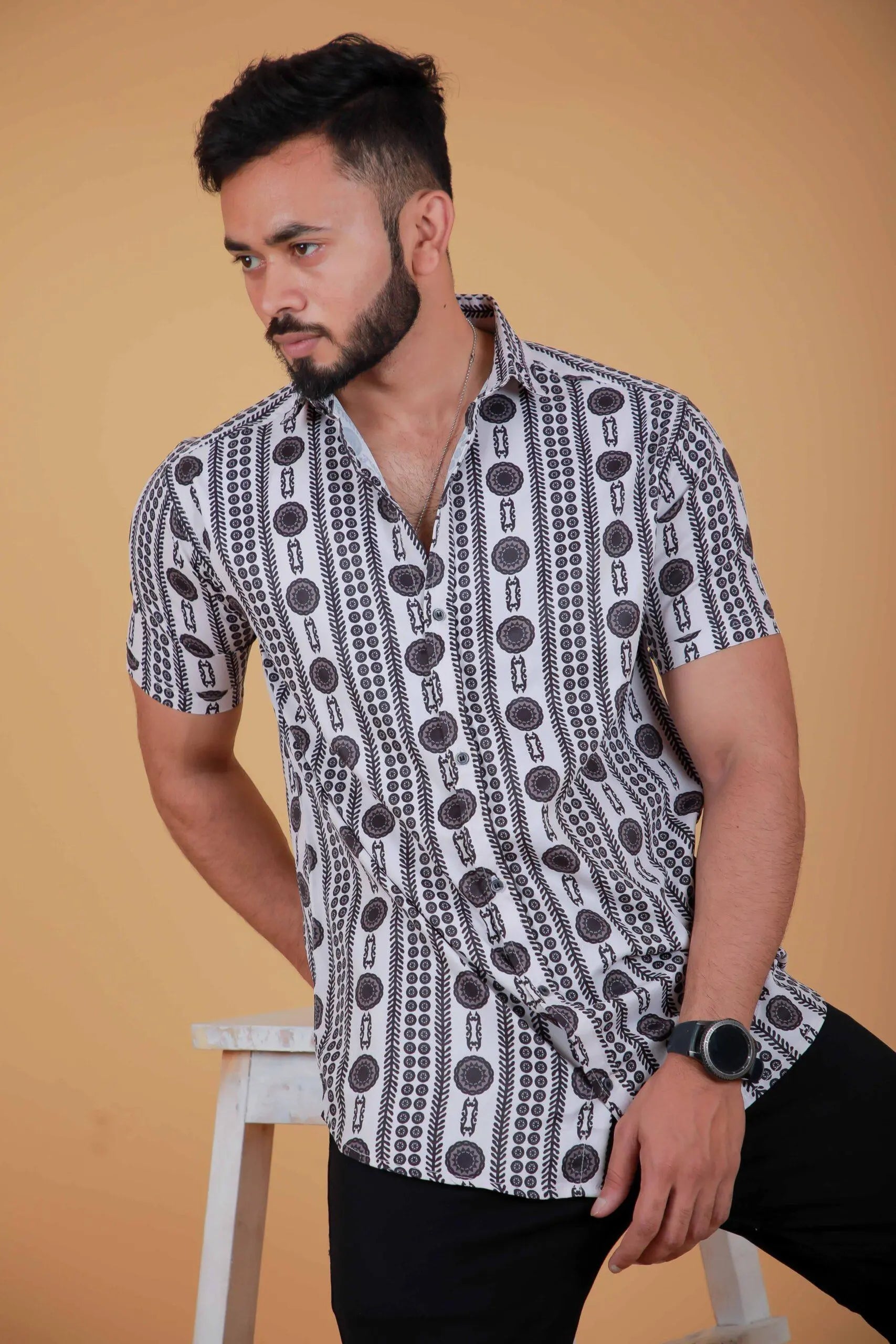 Round Black Ethinic Design Printed Shirt For Men