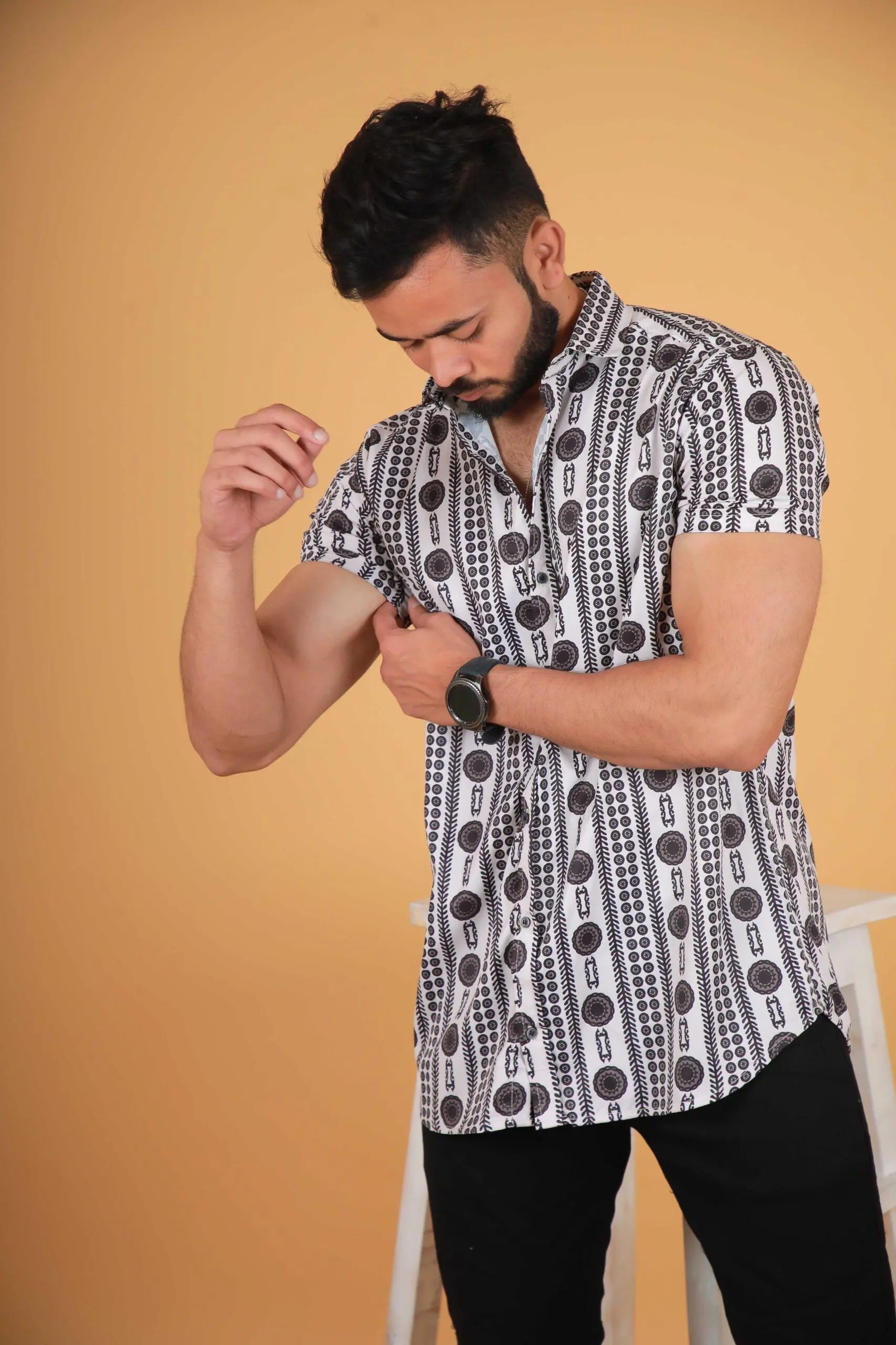 Round Black Ethinic Design Printed Shirt For Men