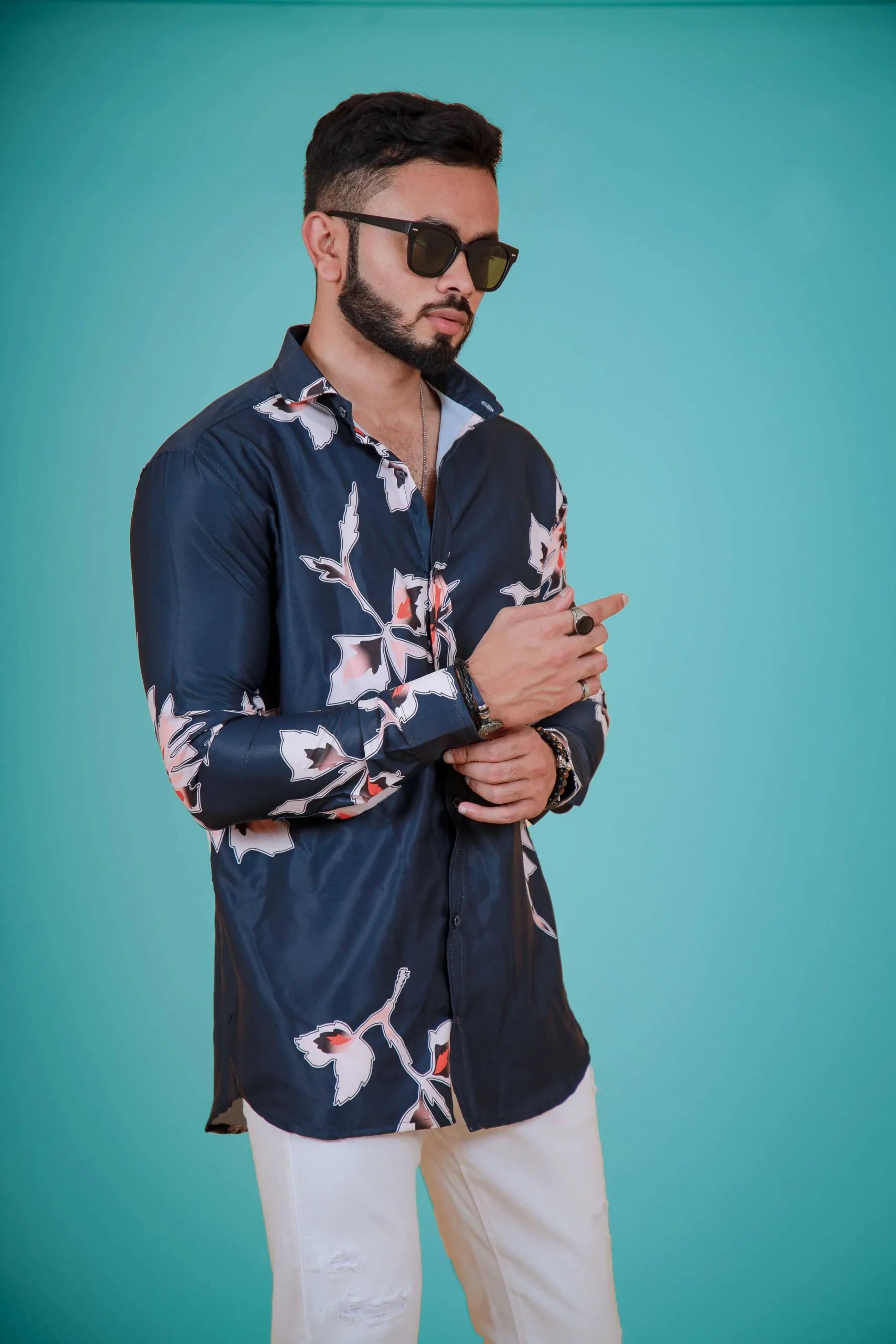 Nevy Blue Autumn Leaf Printed Shirt For Men