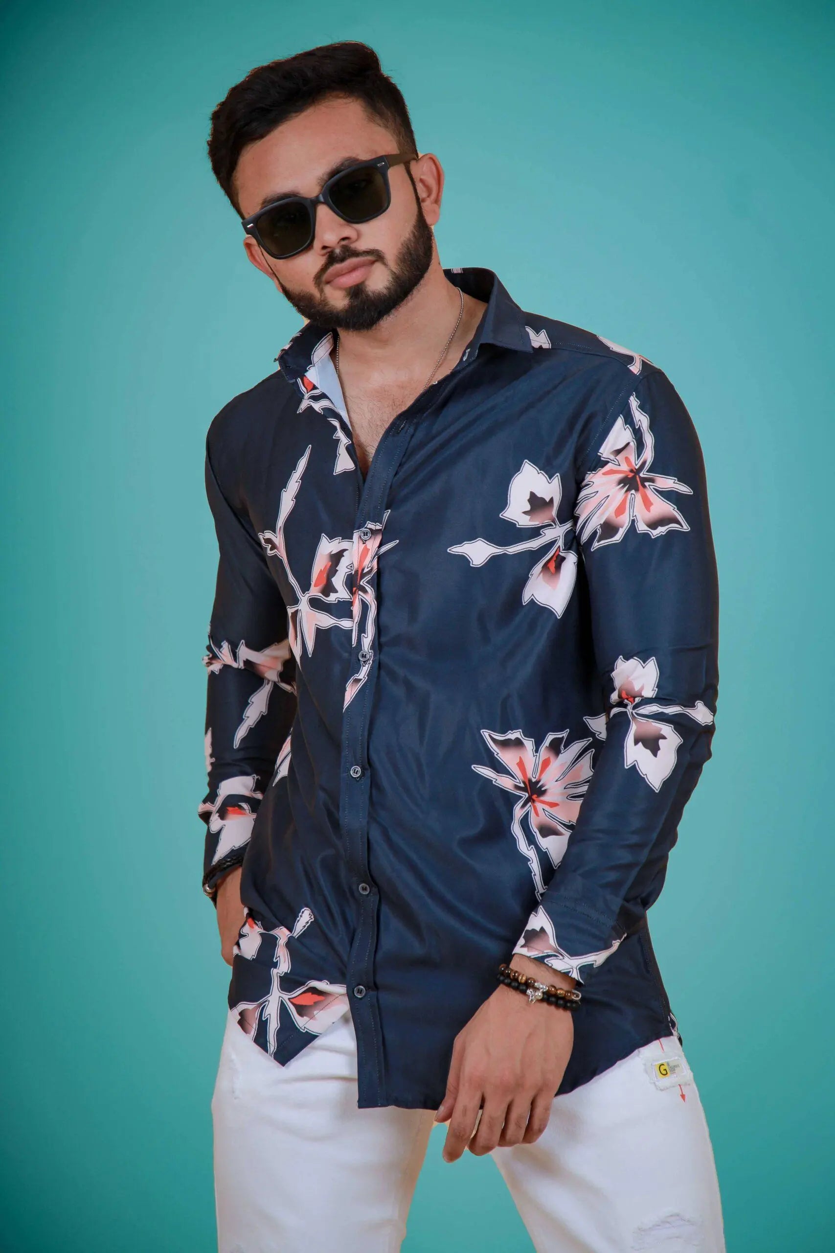 Nevy Blue Autumn Leaf Printed Shirt For Men