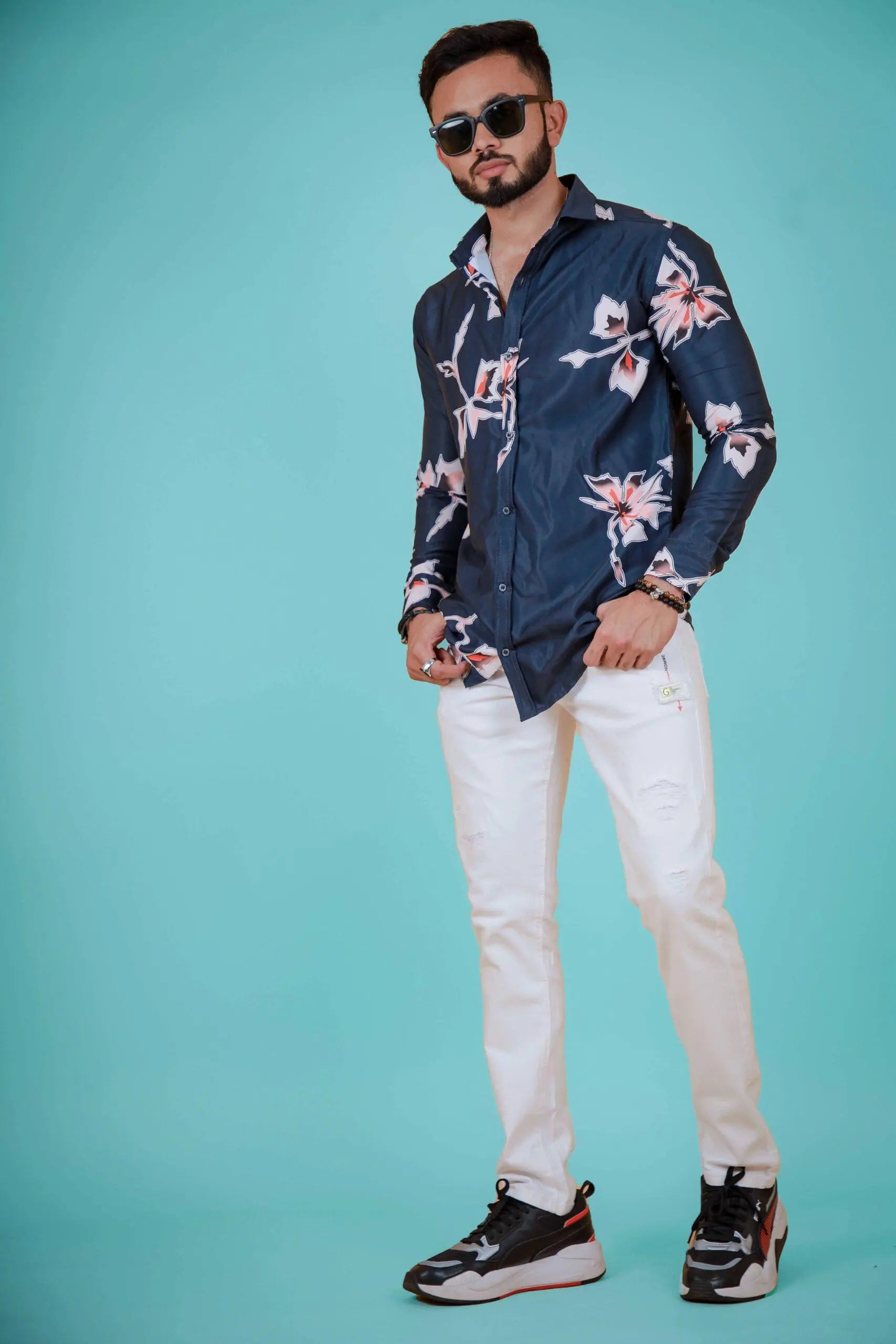 Nevy Blue Autumn Leaf Printed Shirt For Men