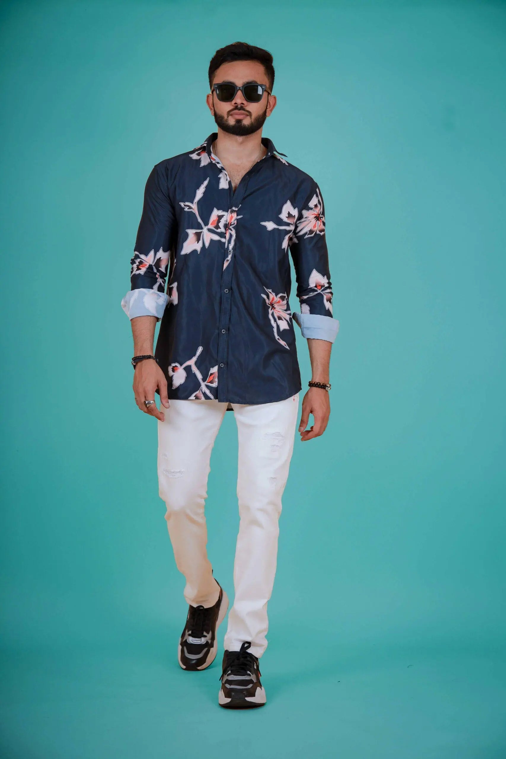 Nevy Blue Autumn Leaf Printed Shirt For Men