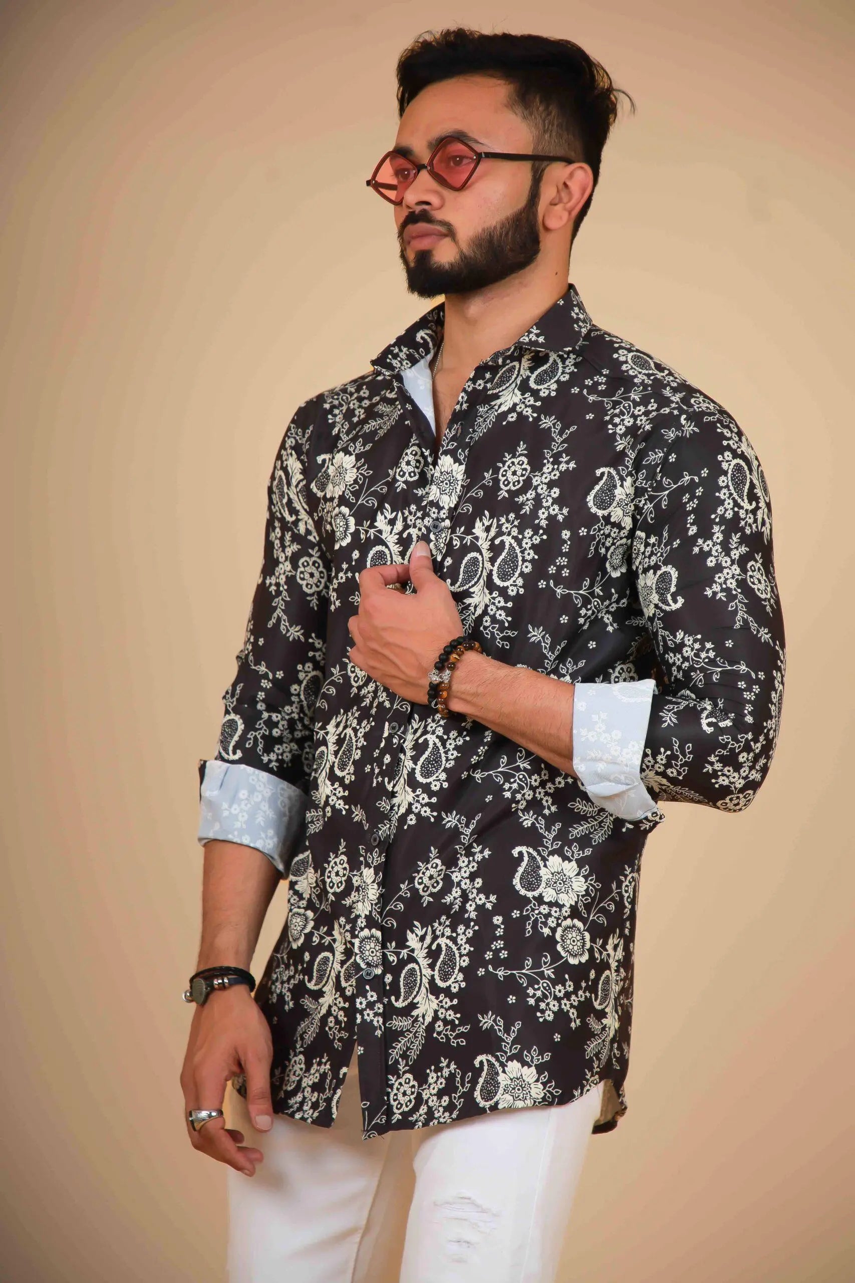 Men's Black & Off White Floral Design Printed Shirt