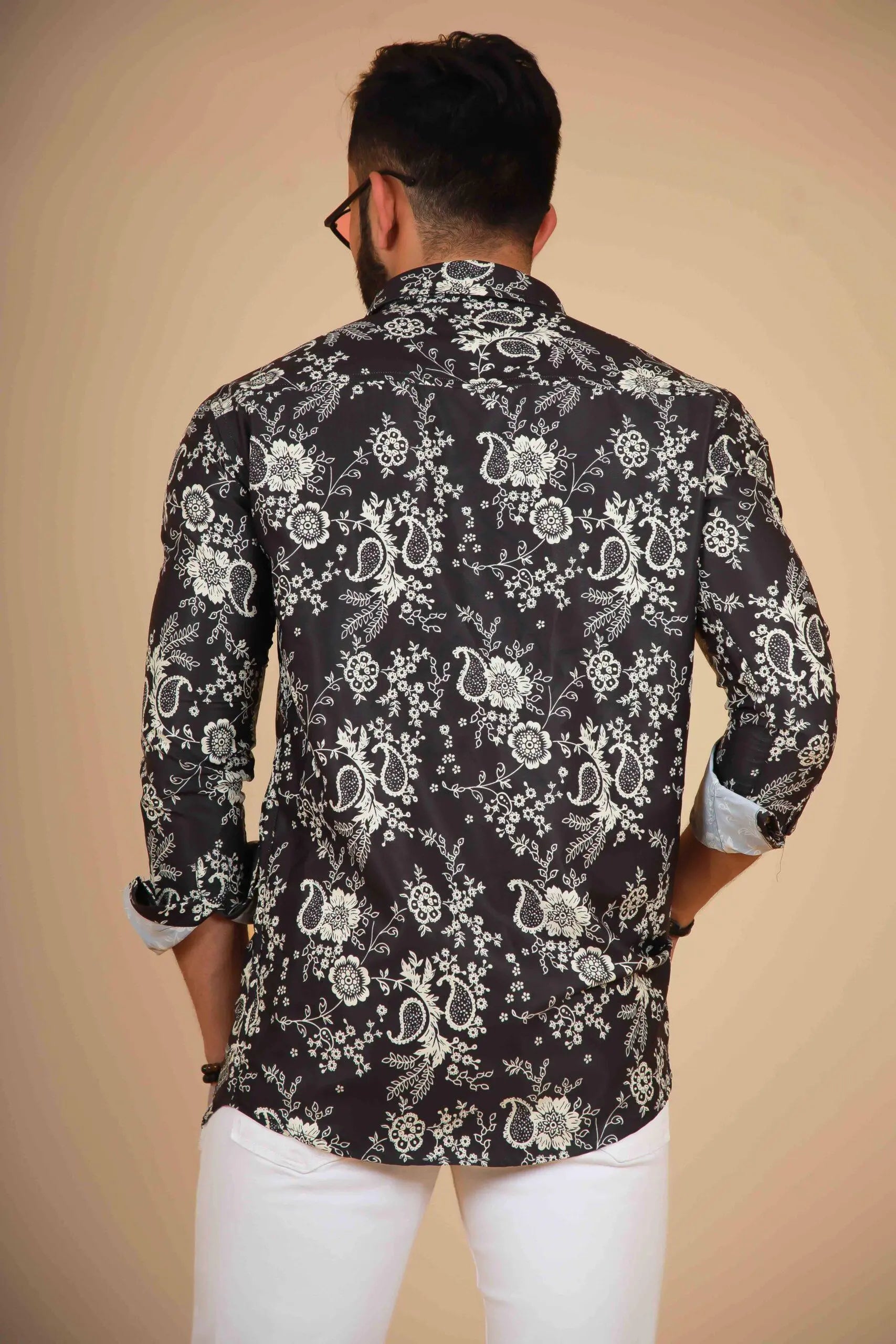 Men's Black & Off White Floral Design Printed Shirt