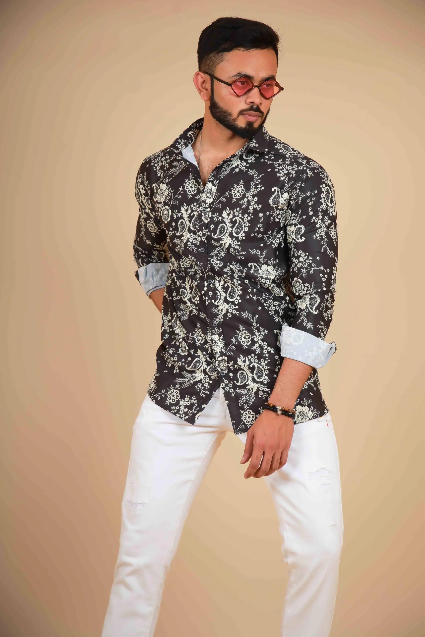 Men's Black & Off White Floral Design Printed Shirt