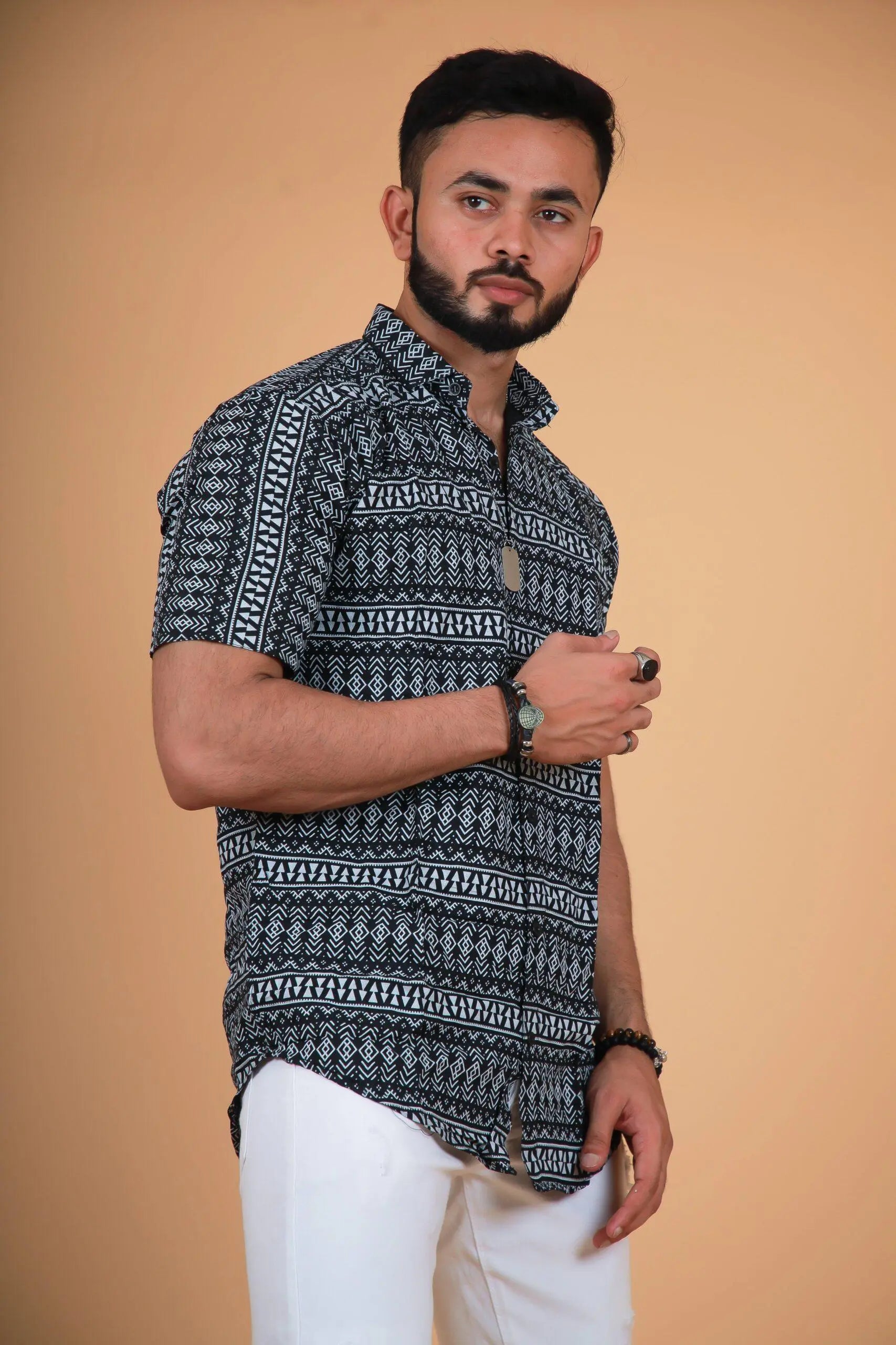 Vertical Tribal Printed Black Shirt For Men