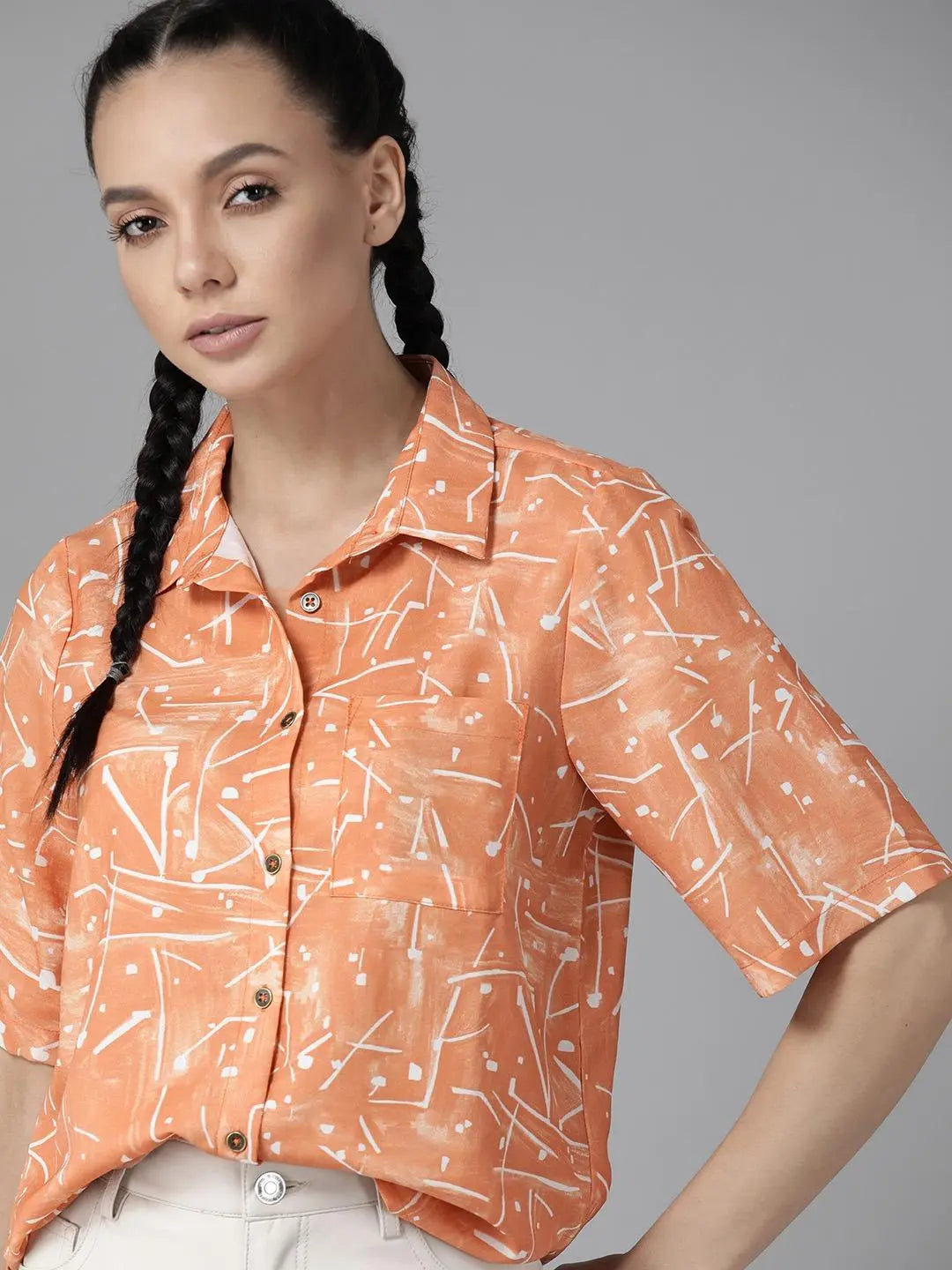 Orange Line Printed Shirt for Women