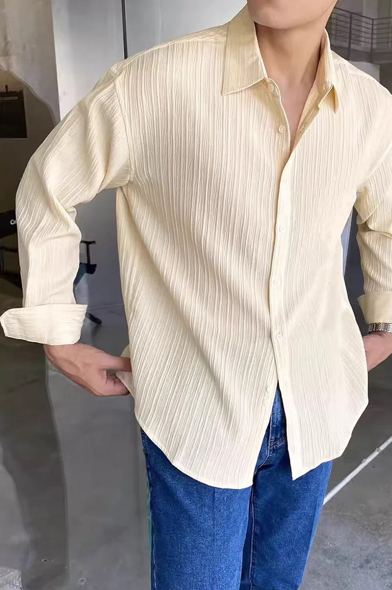 Cream Stripe Texture Full Sleeve Men Shirt