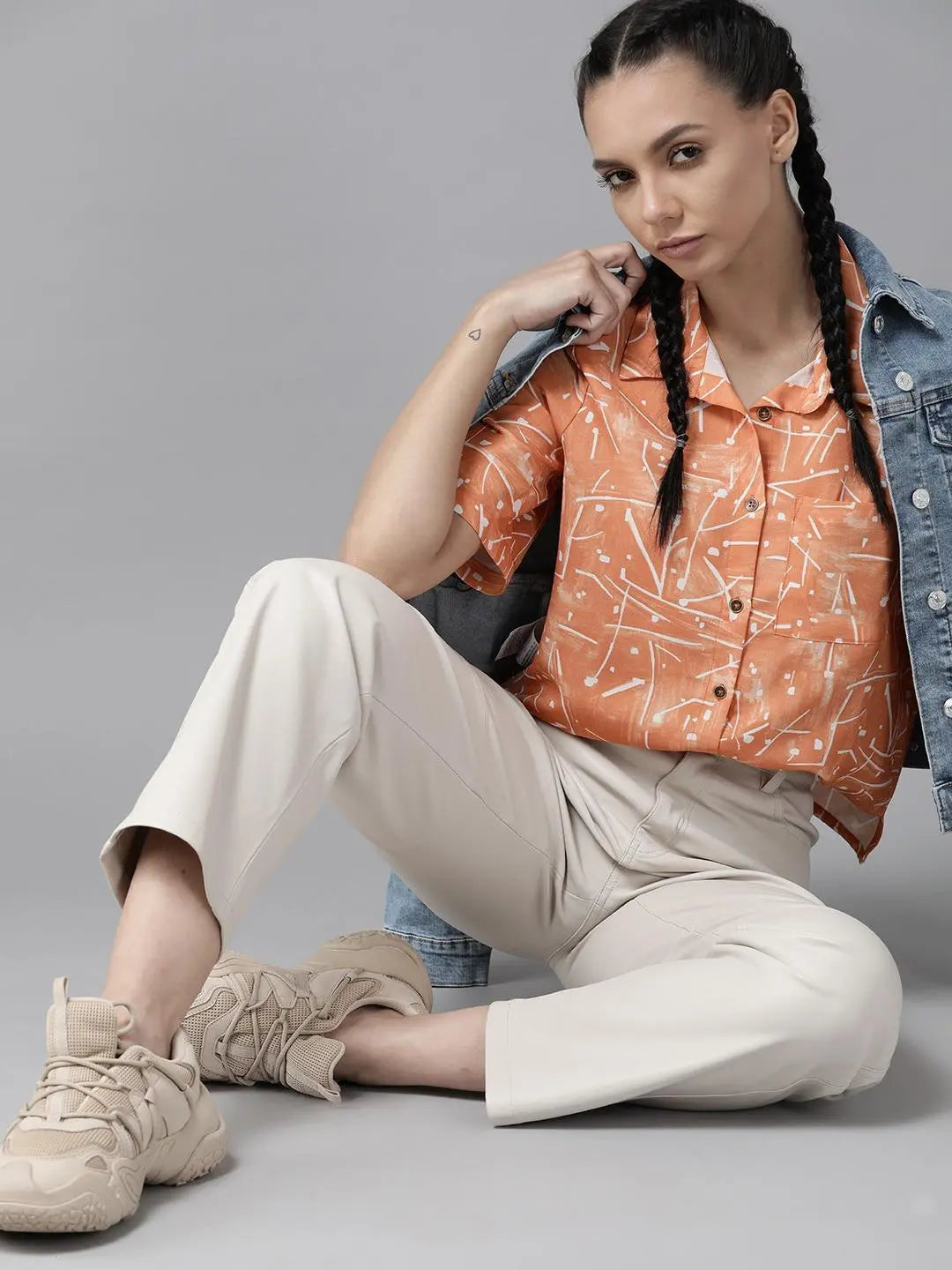 Orange Line Printed Shirt for Women