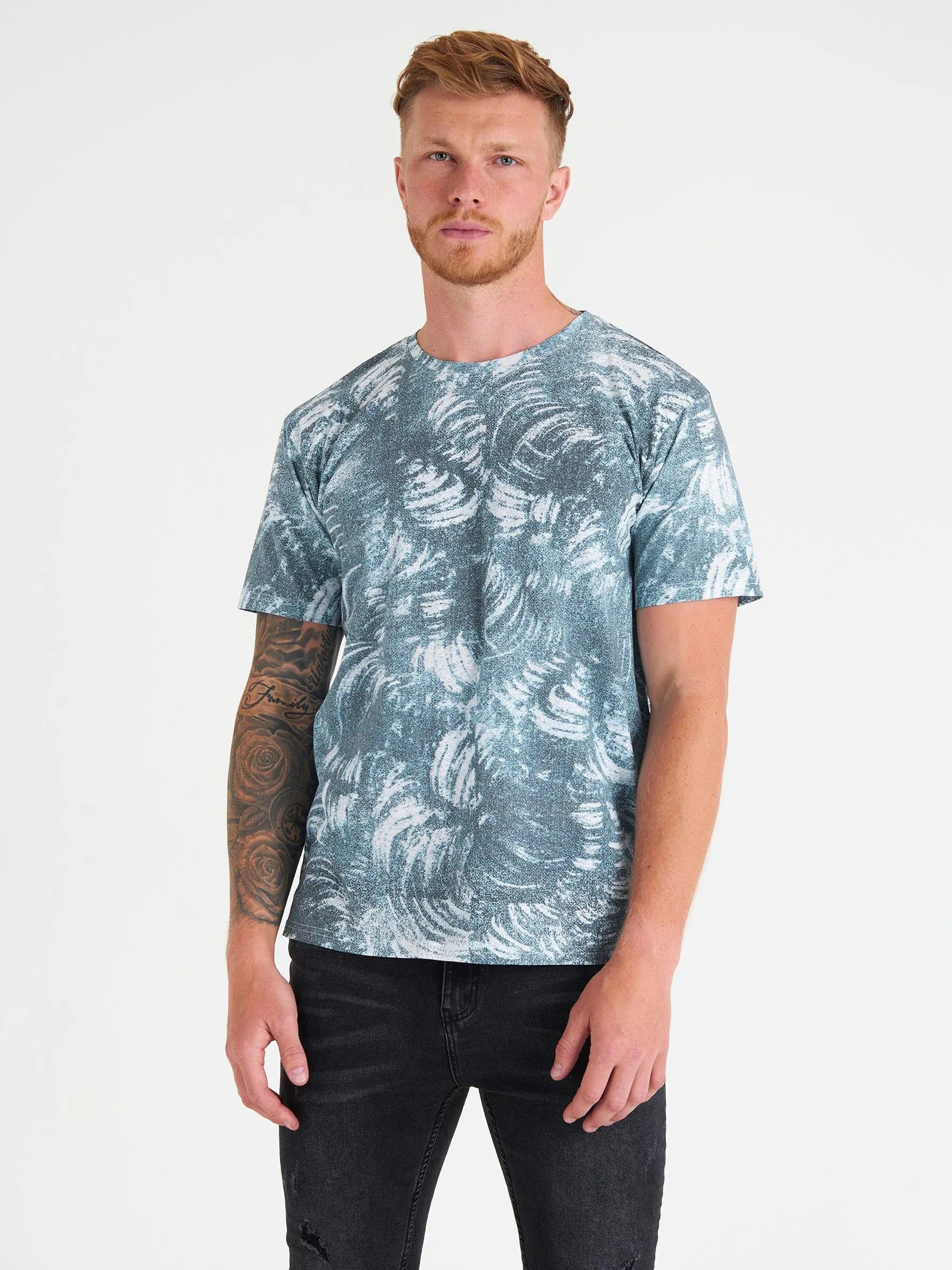 Men Cool Blue Printed  Round Neck T-shirt