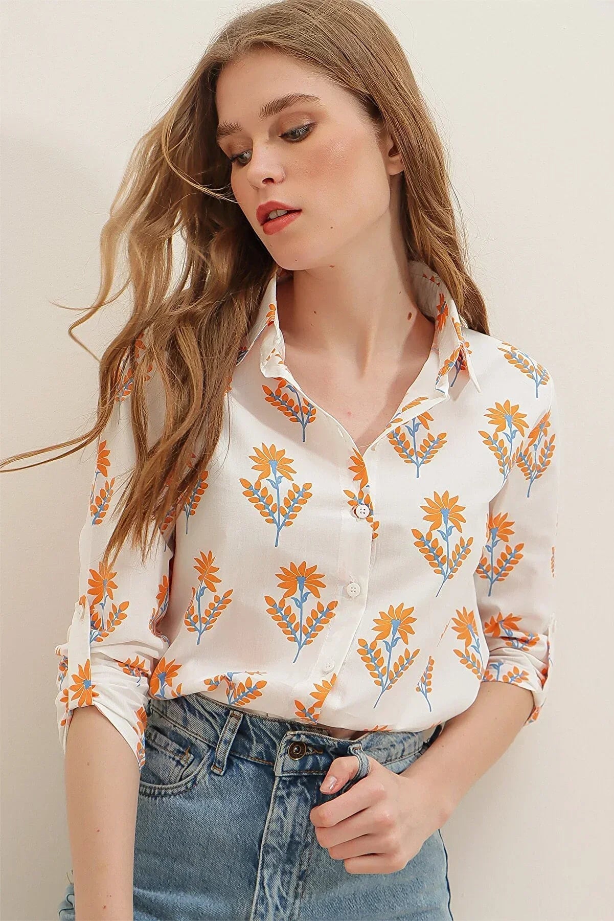 CLASSY ORENGE FLOWER PRINTED SHIRT -WOMEN