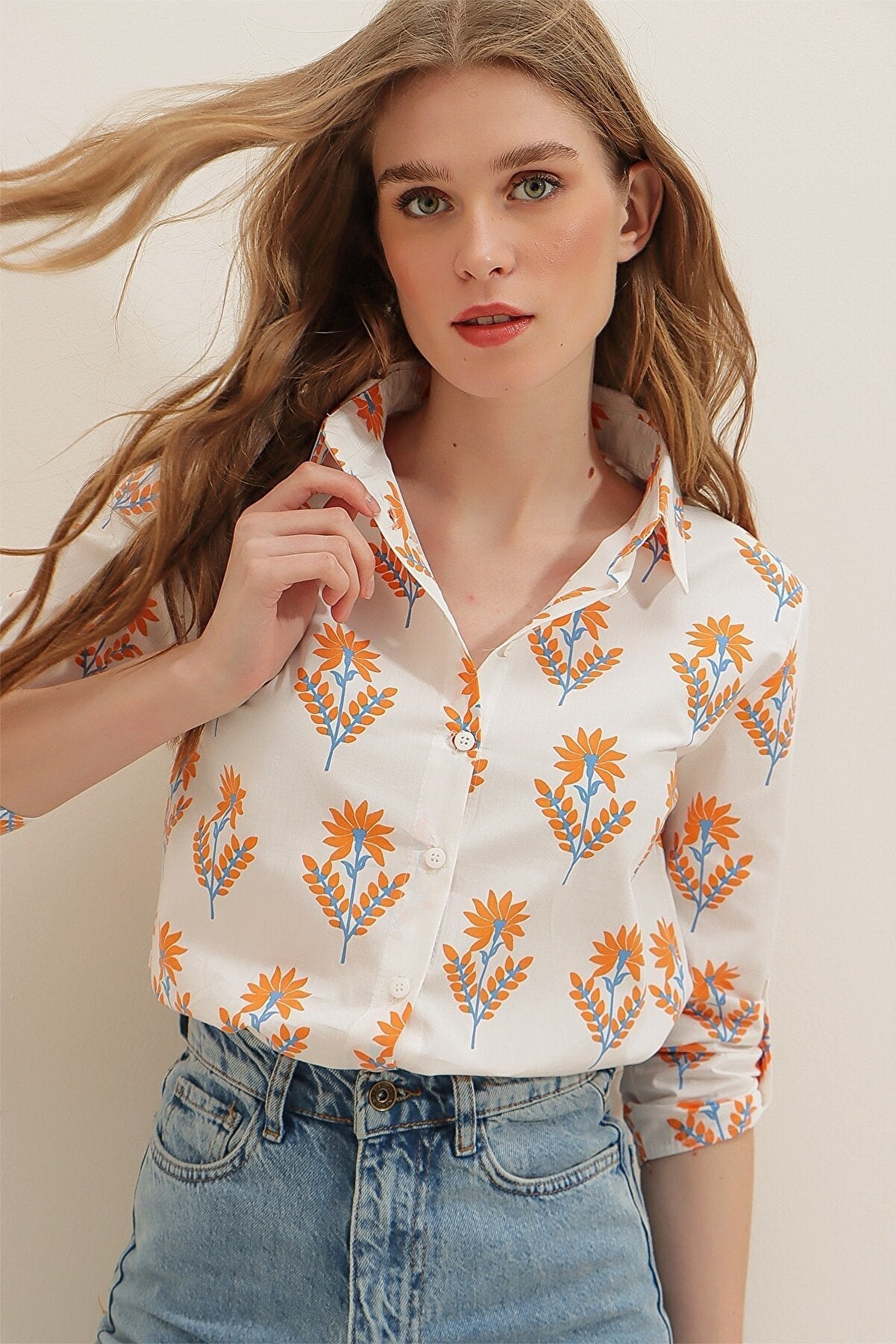 CLASSY ORENGE FLOWER PRINTED SHIRT -WOMEN