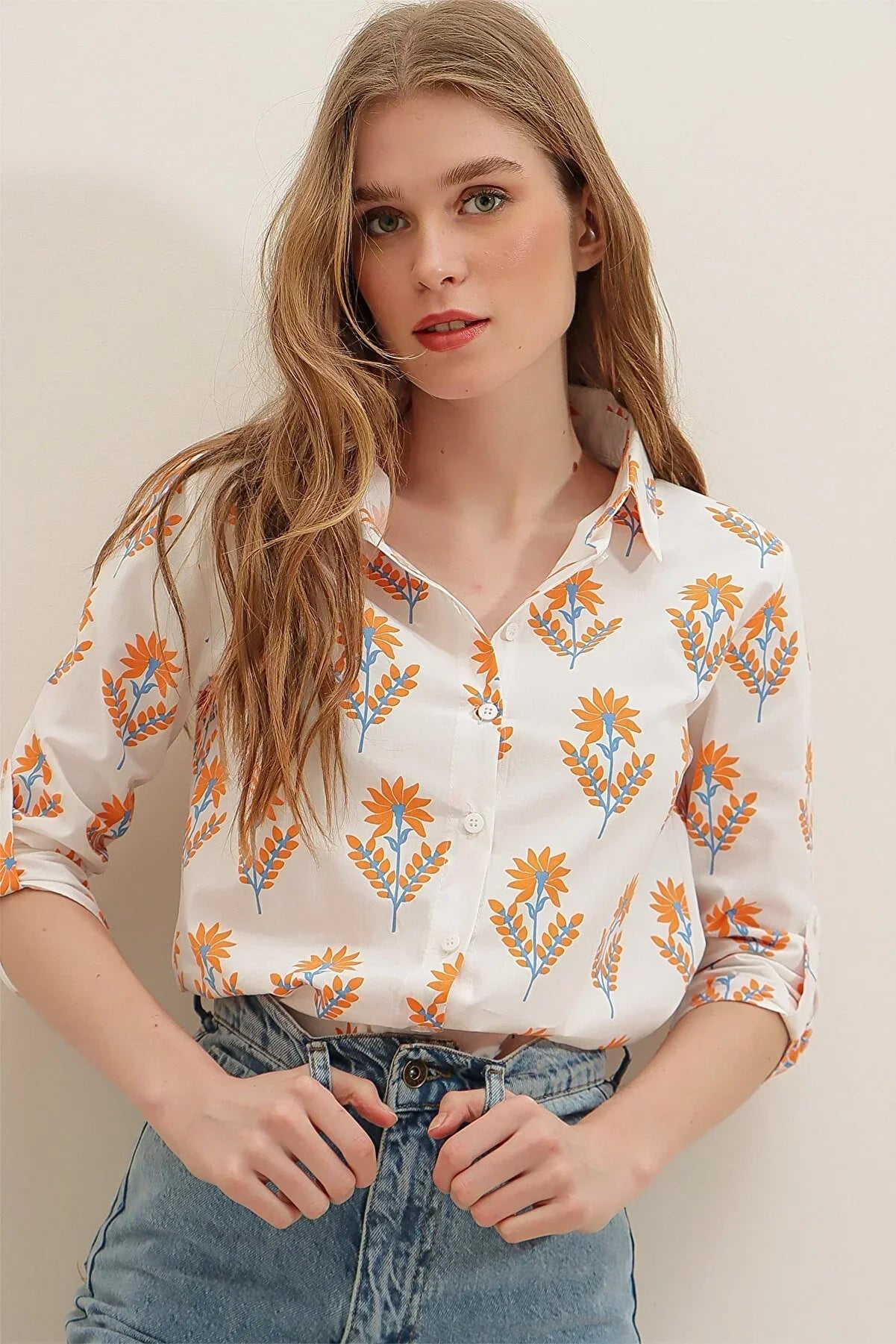 CLASSY ORENGE FLOWER PRINTED SHIRT -WOMEN