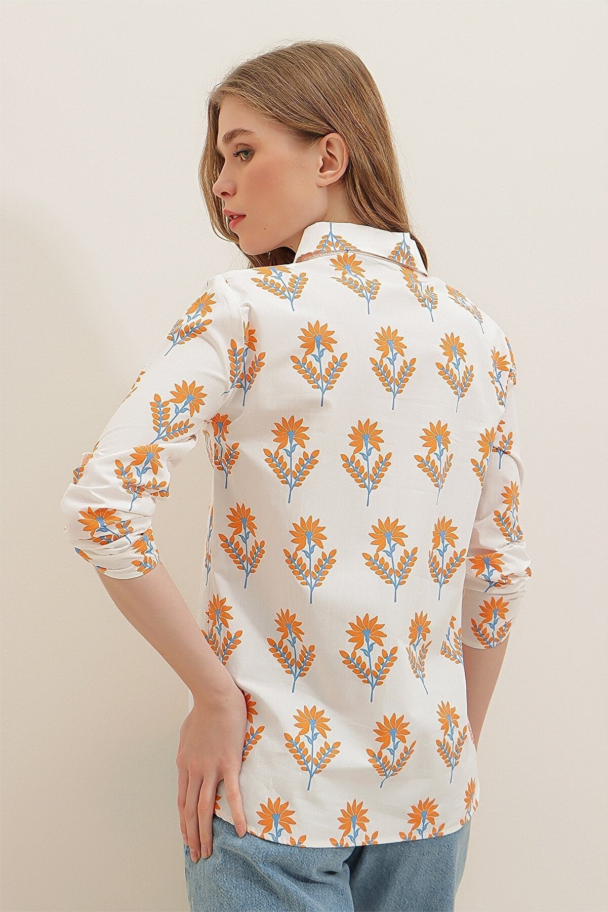 CLASSY ORENGE FLOWER PRINTED SHIRT -WOMEN