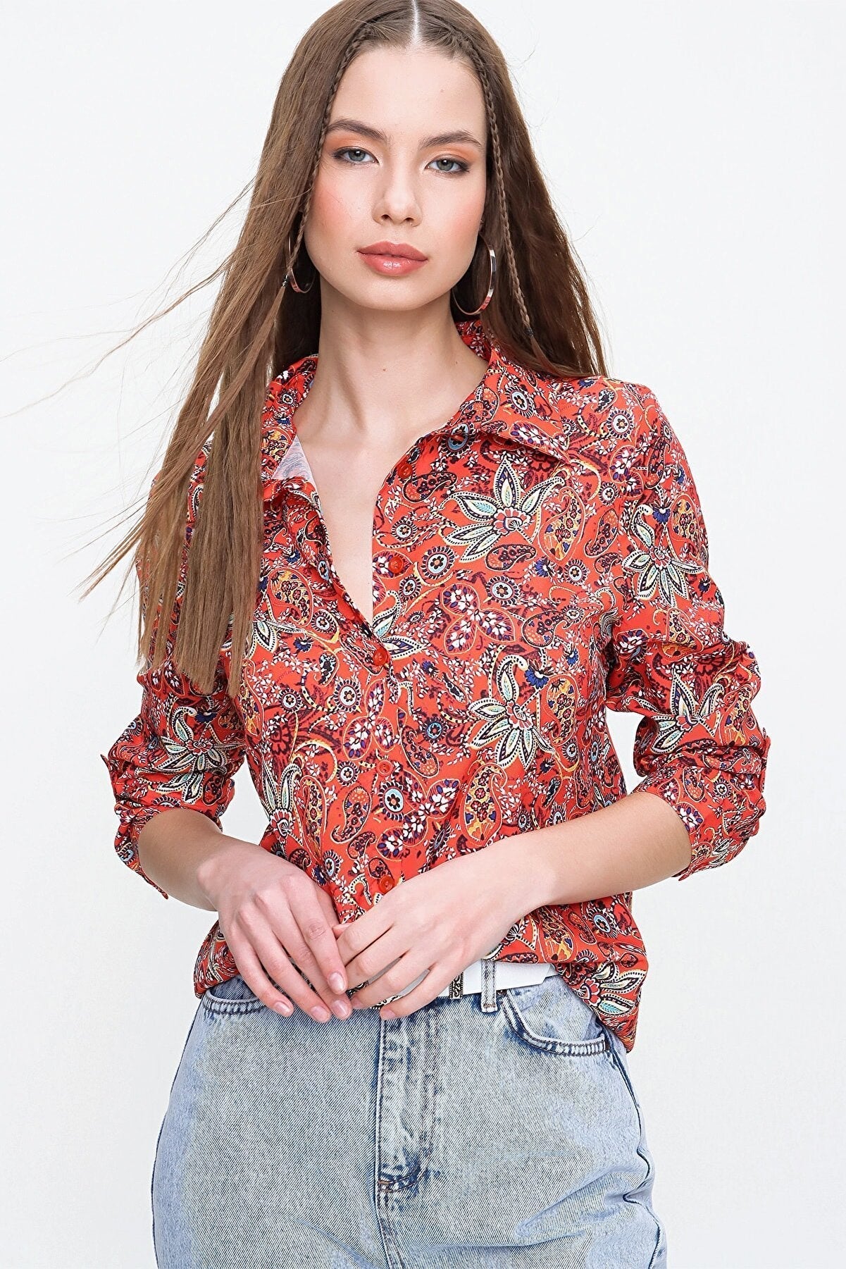 RED ETHNIC PRINTED SHIRT -WOMEN