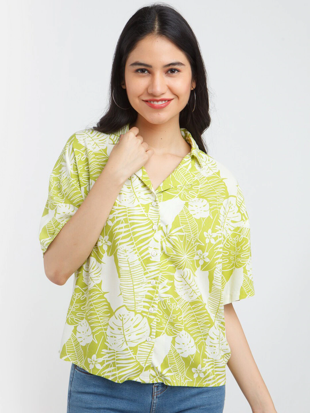 GREEN LEAF PATTERN SHIRT -WOMEN