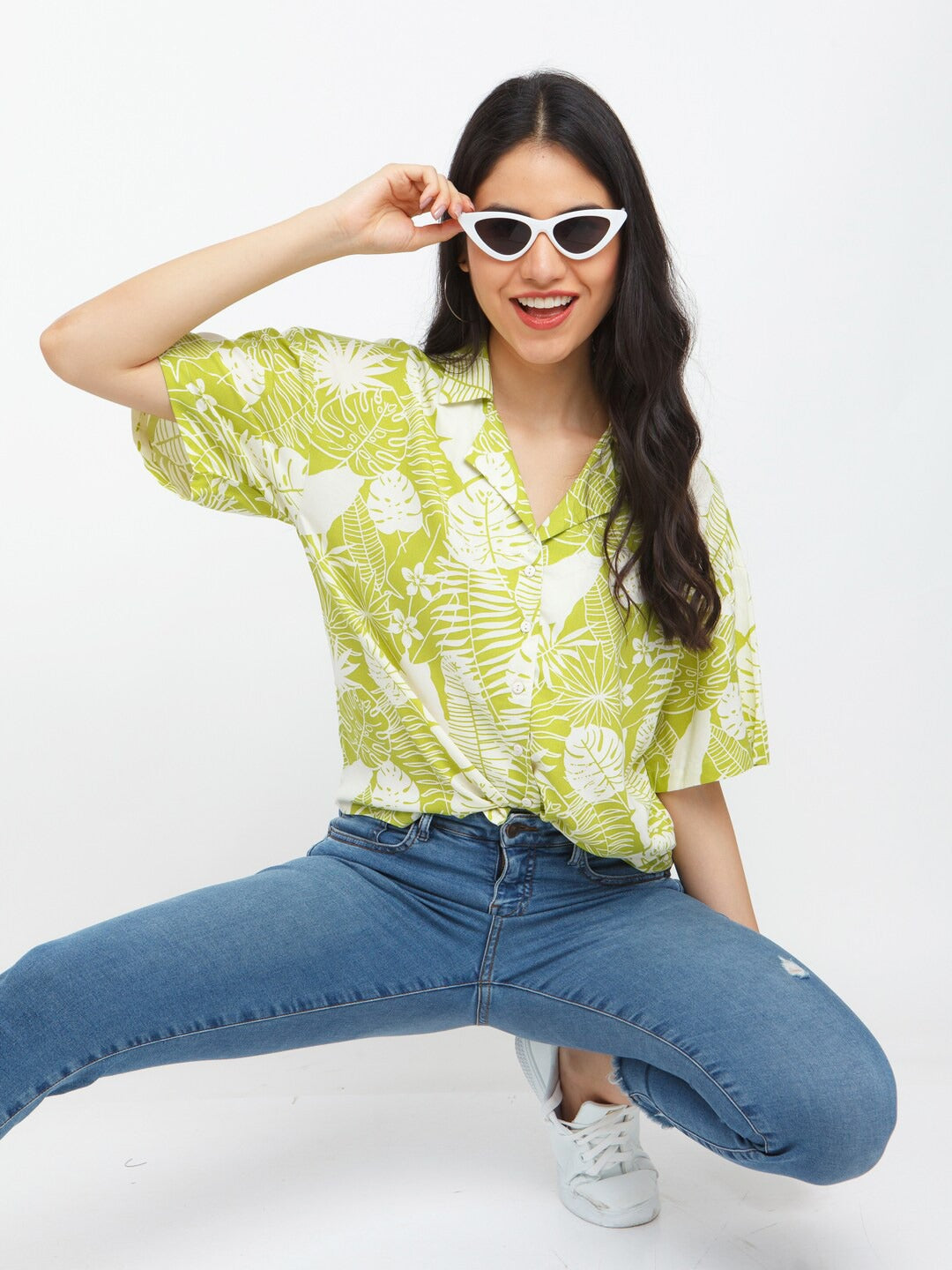 GREEN LEAF PATTERN SHIRT -WOMEN