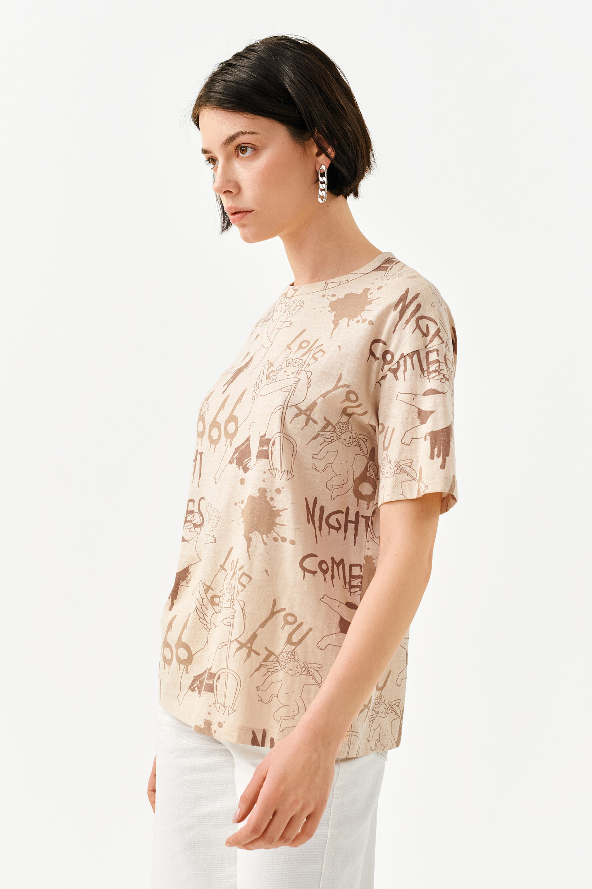 BROWN PRINTED T-SHIRT -WOMEN