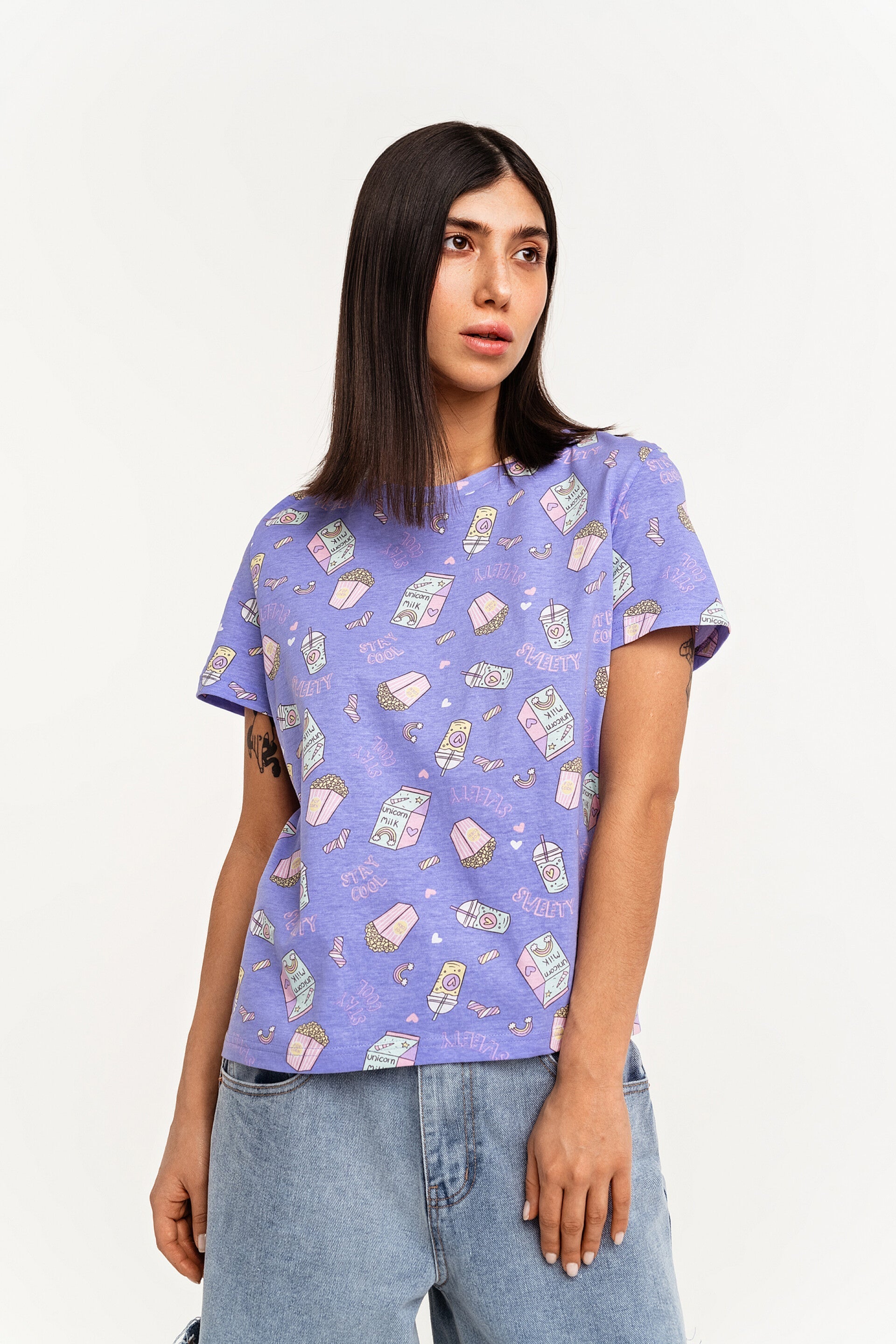 STAY  COOL FOOD PRINT ROUND NECK T-SHIRT-WOMEN