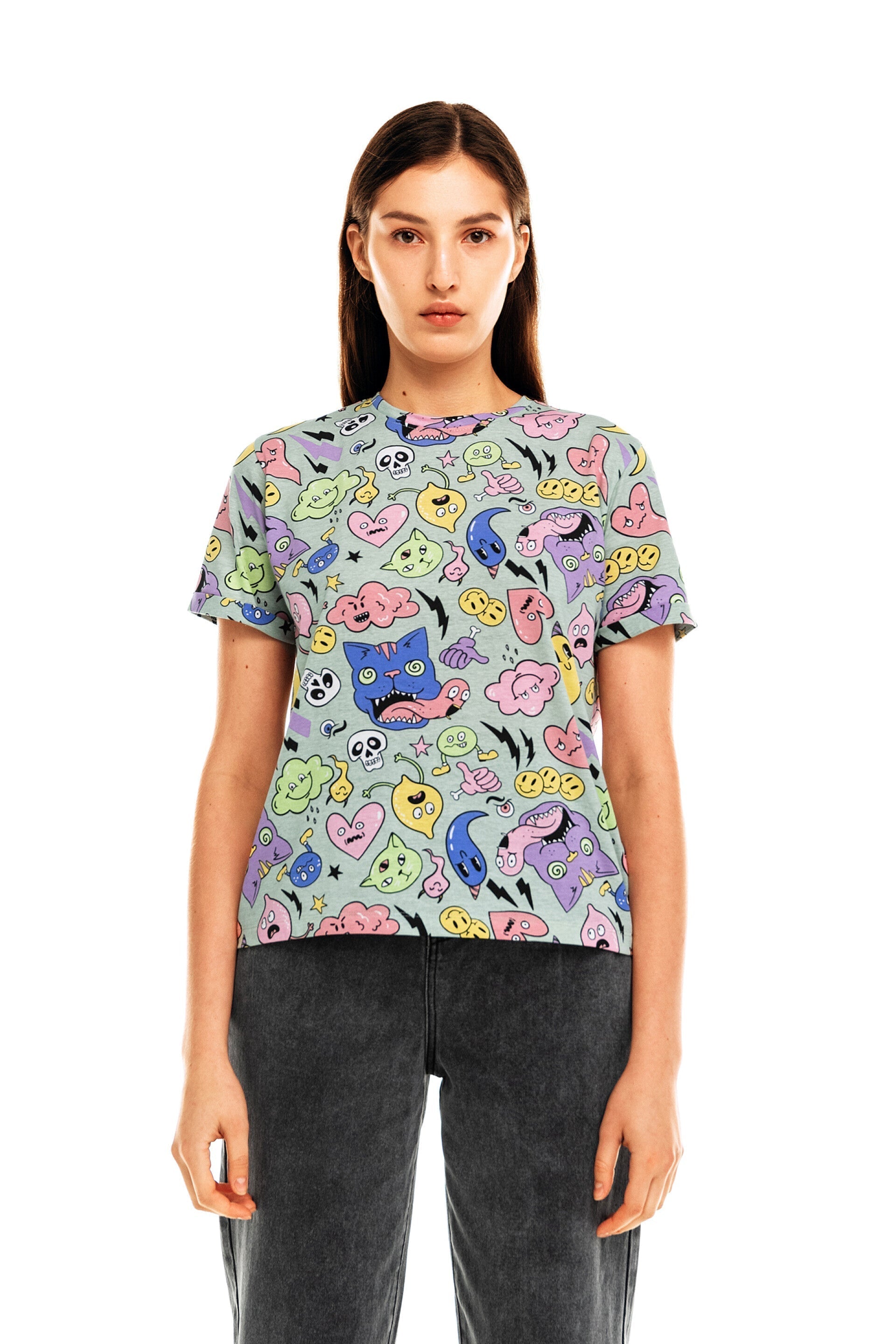 FUNNY CARTOON PRINT ROUND NECK T-SHIRT-WOMEN