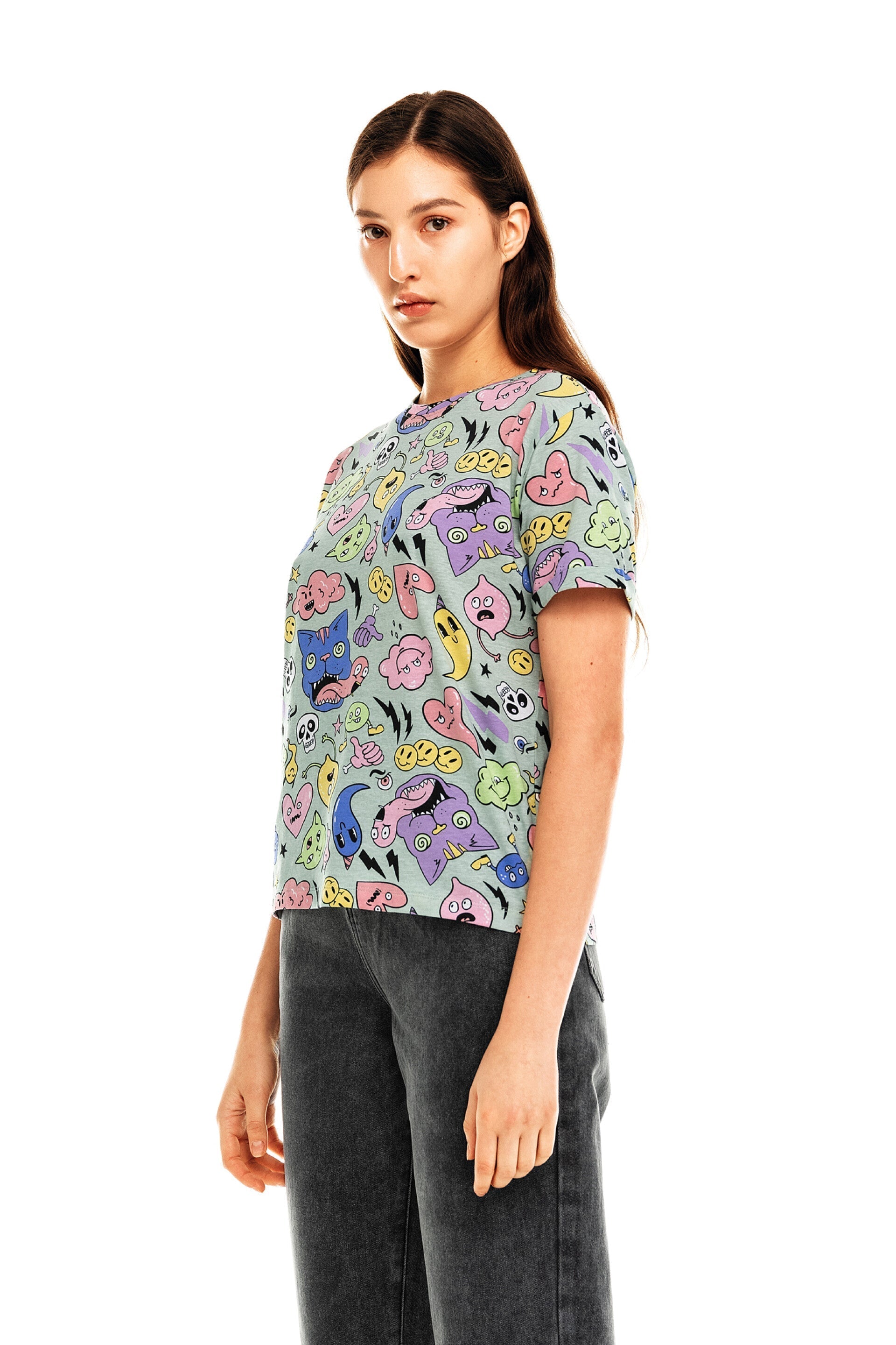 FUNNY CARTOON PRINT ROUND NECK T-SHIRT-WOMEN