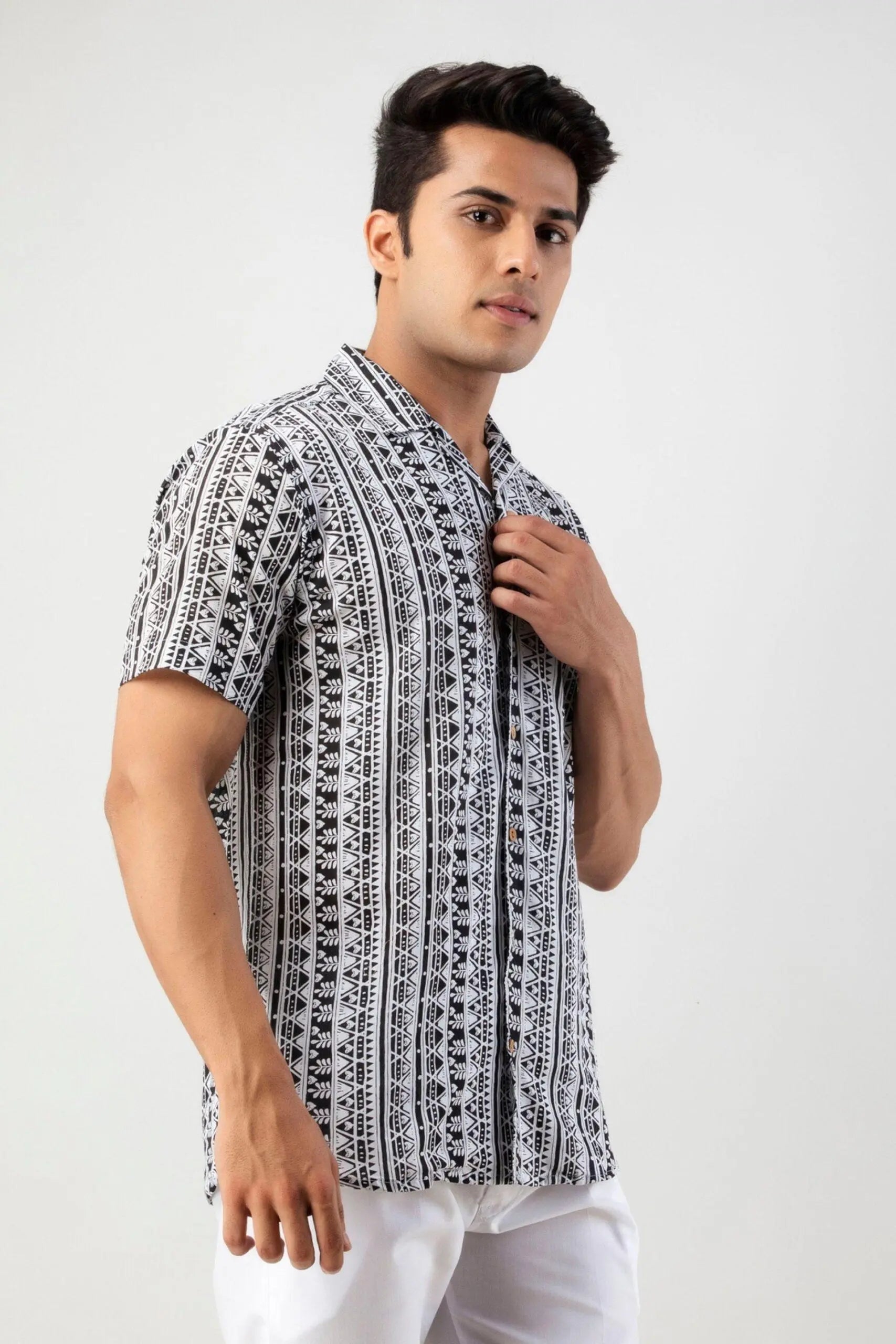 White Ethnic Pattern Printed Casual Shirt