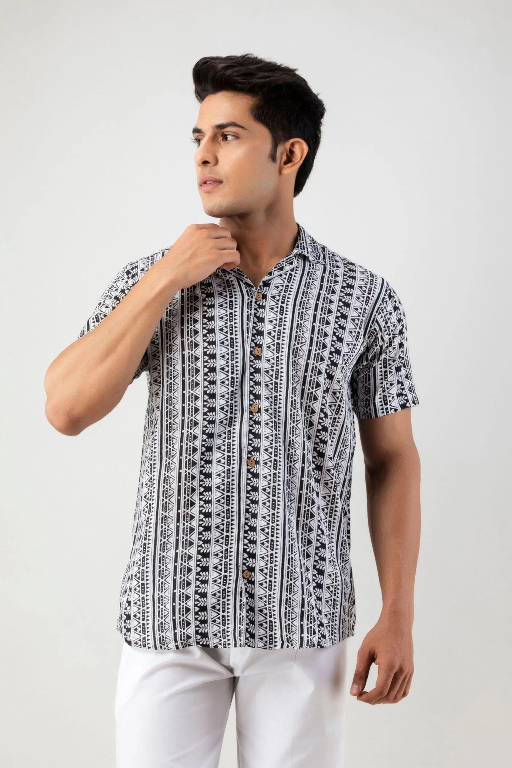 White Ethnic Pattern Printed Casual Shirt