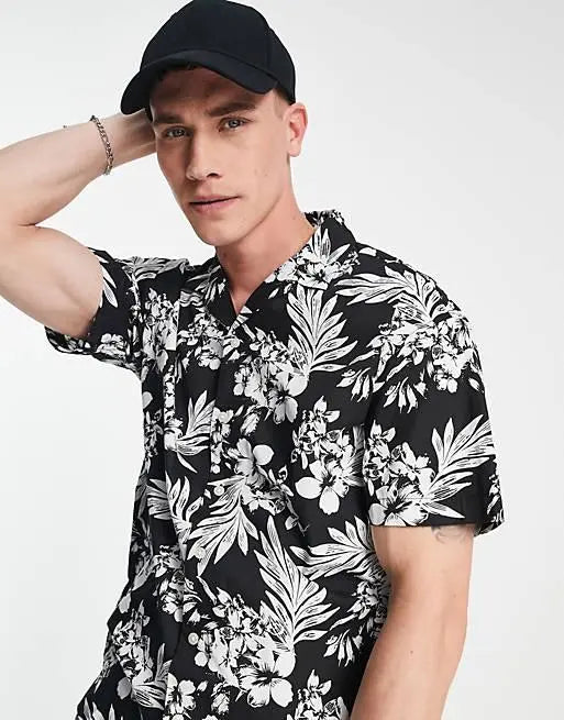 Black Leaf Pattern Printed Shirts For Men