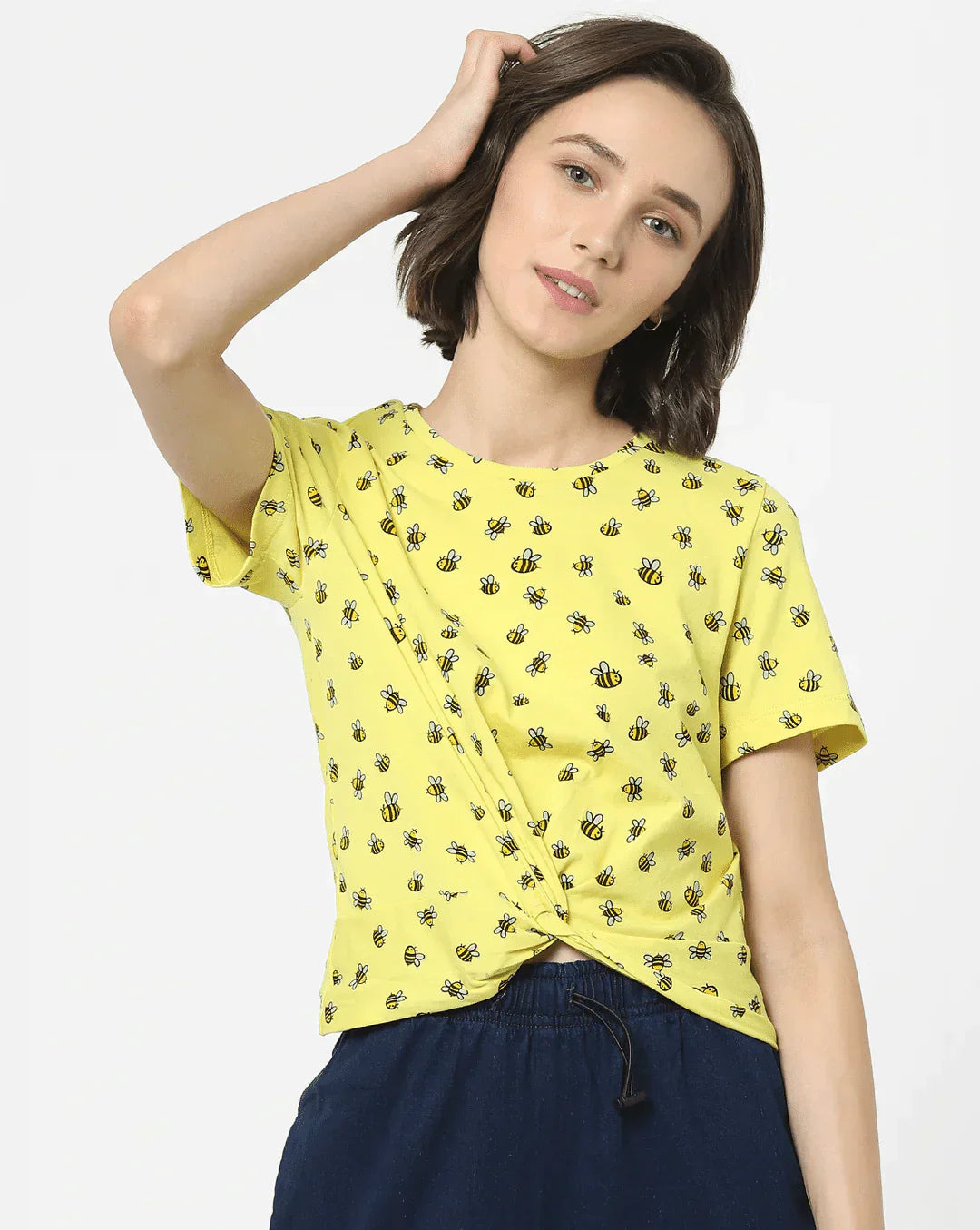 Honey Bee Print Round Neck T-shirt For Women