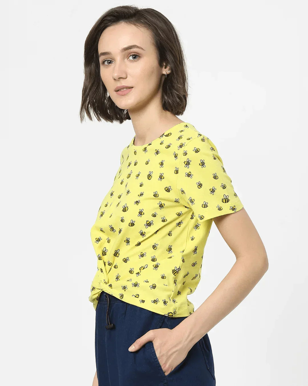 Honey Bee Print Round Neck T-shirt For Women