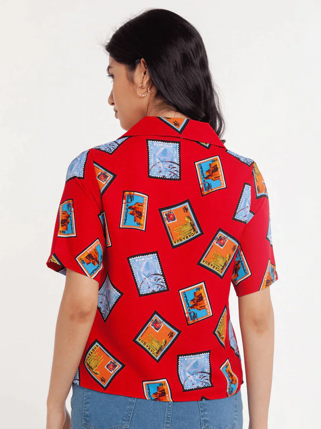 Red Box Pattern Printed Women Shirt