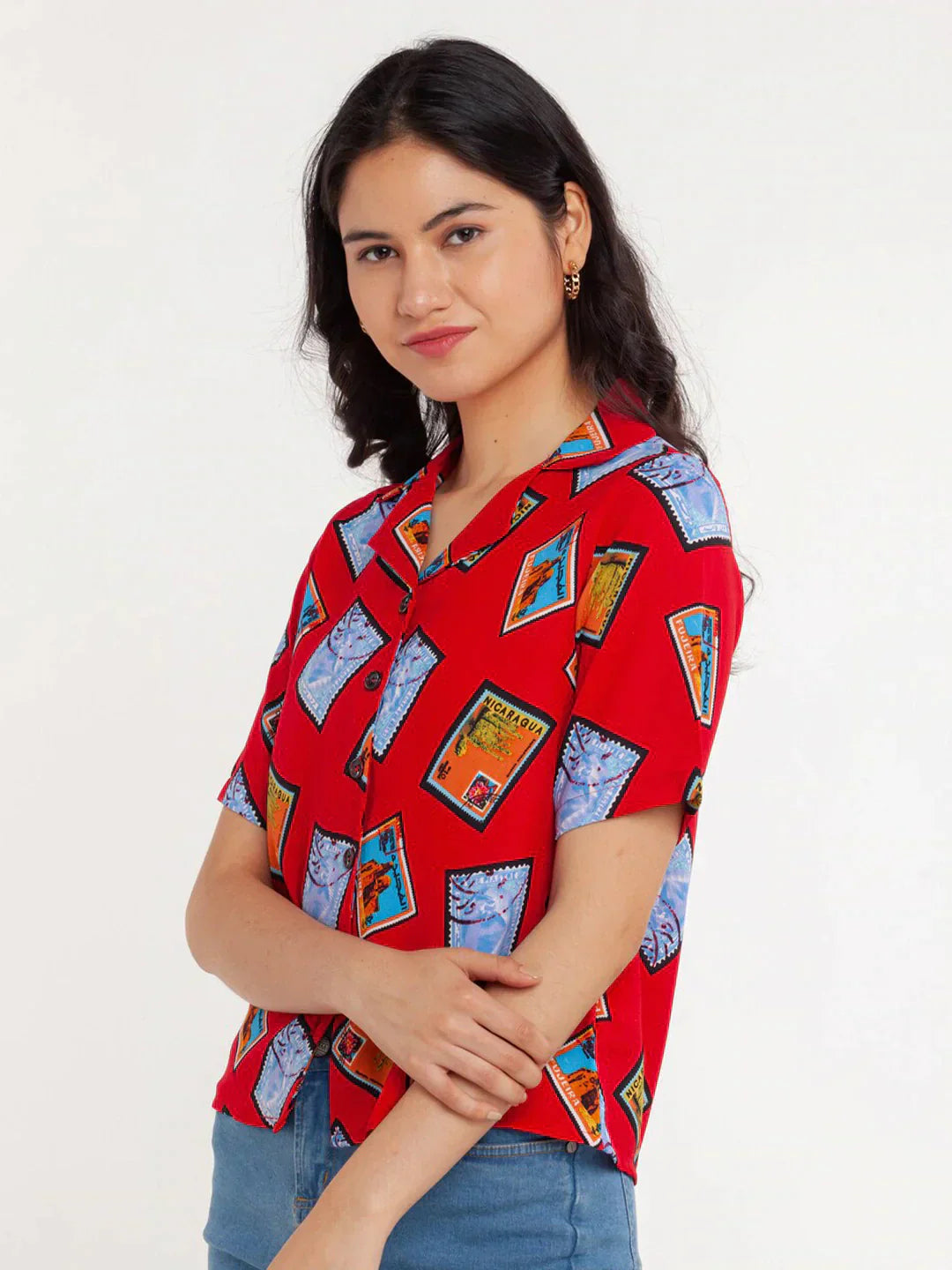 Red Box Pattern Printed Women Shirt