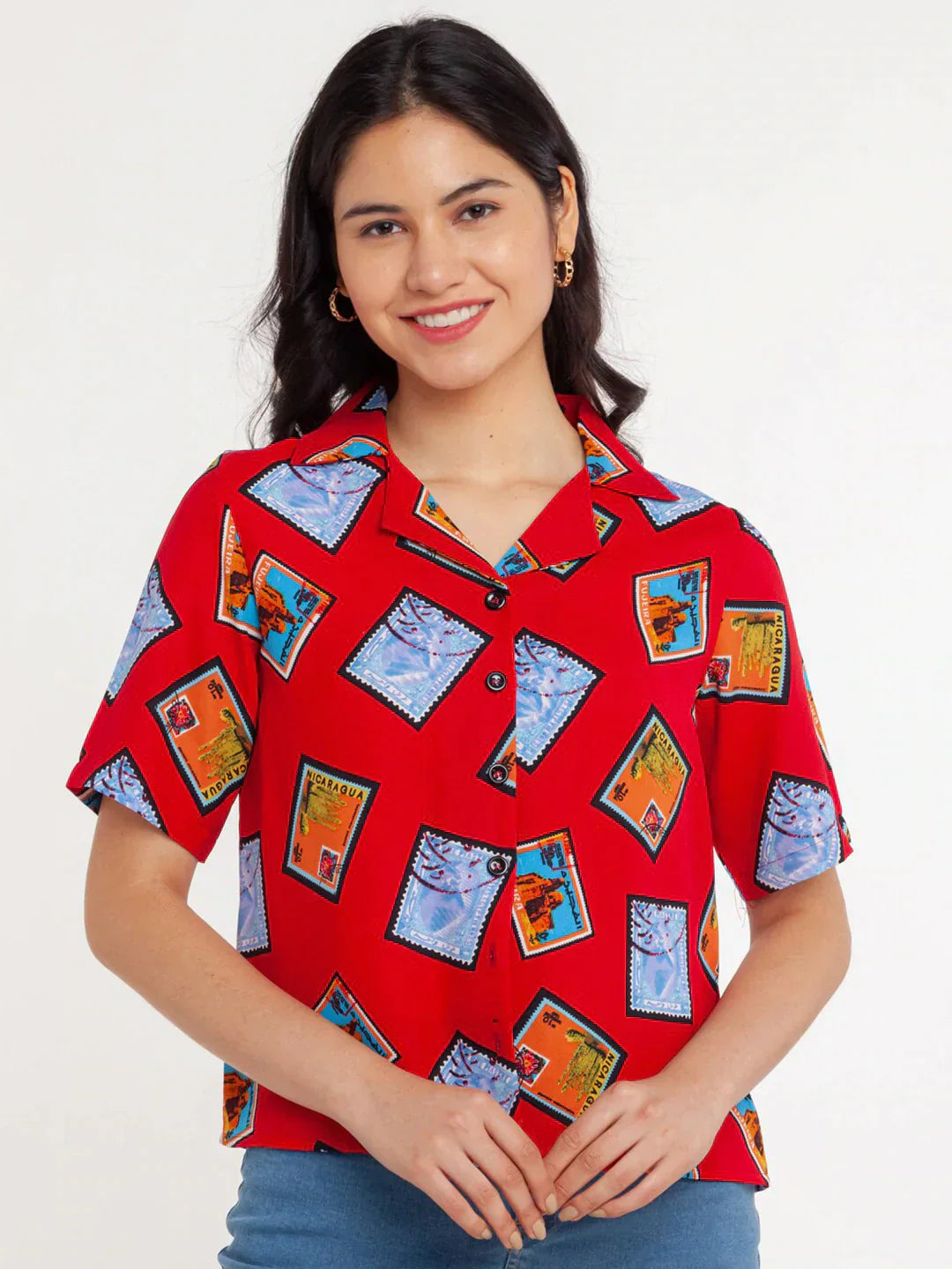 Red Box Pattern Printed Women Shirt