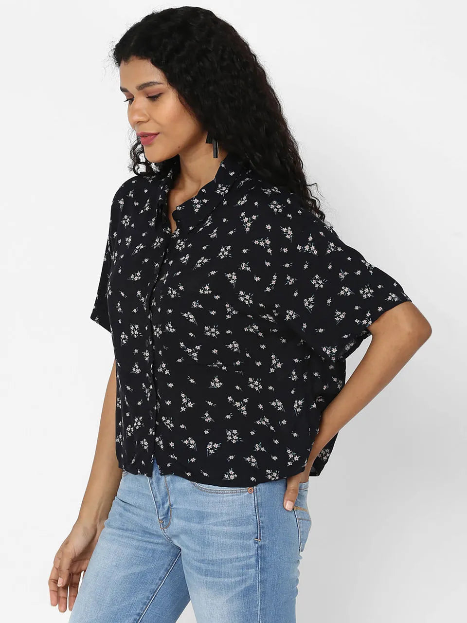 Black Floral Pattern Printed Women Shirt